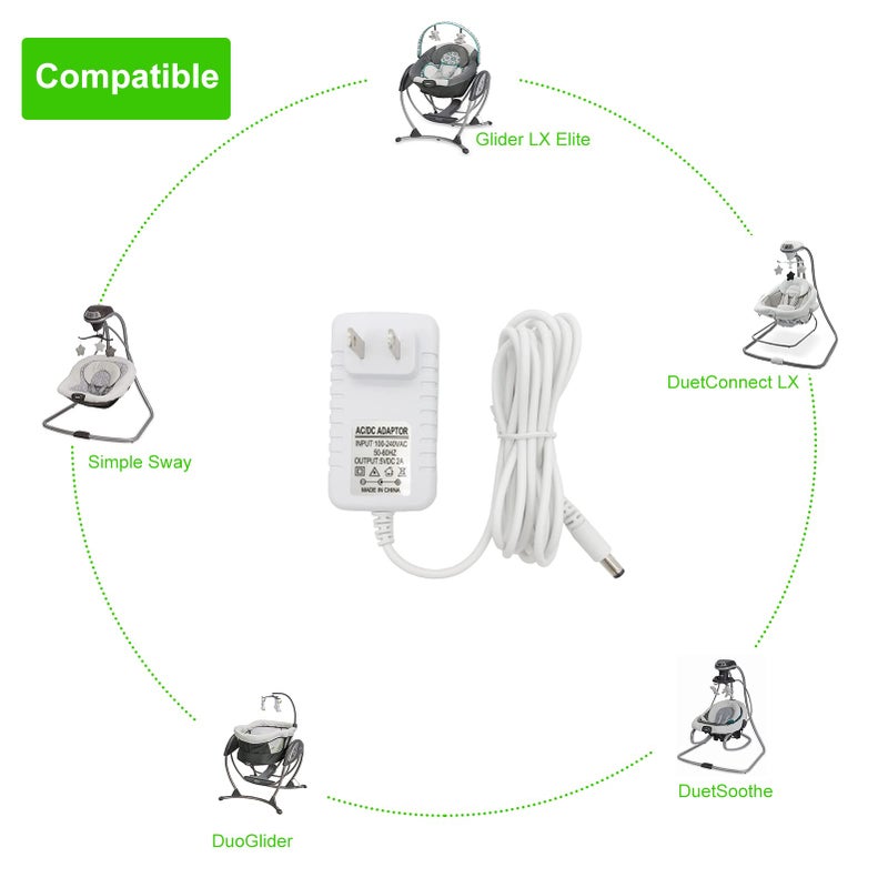 PDEEY Power Cord Replacement for Graco Baby Swing DuoGlider, DuetSoothe, Dreamglider, Simple Sway, Sweetpeace Charger 5V AC Adapter, White - Image 2